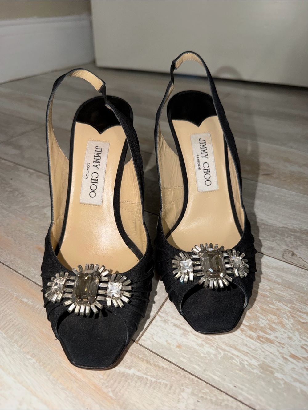 Jimmy Choo Black Satin Slingback Heels with Crystal Brooch